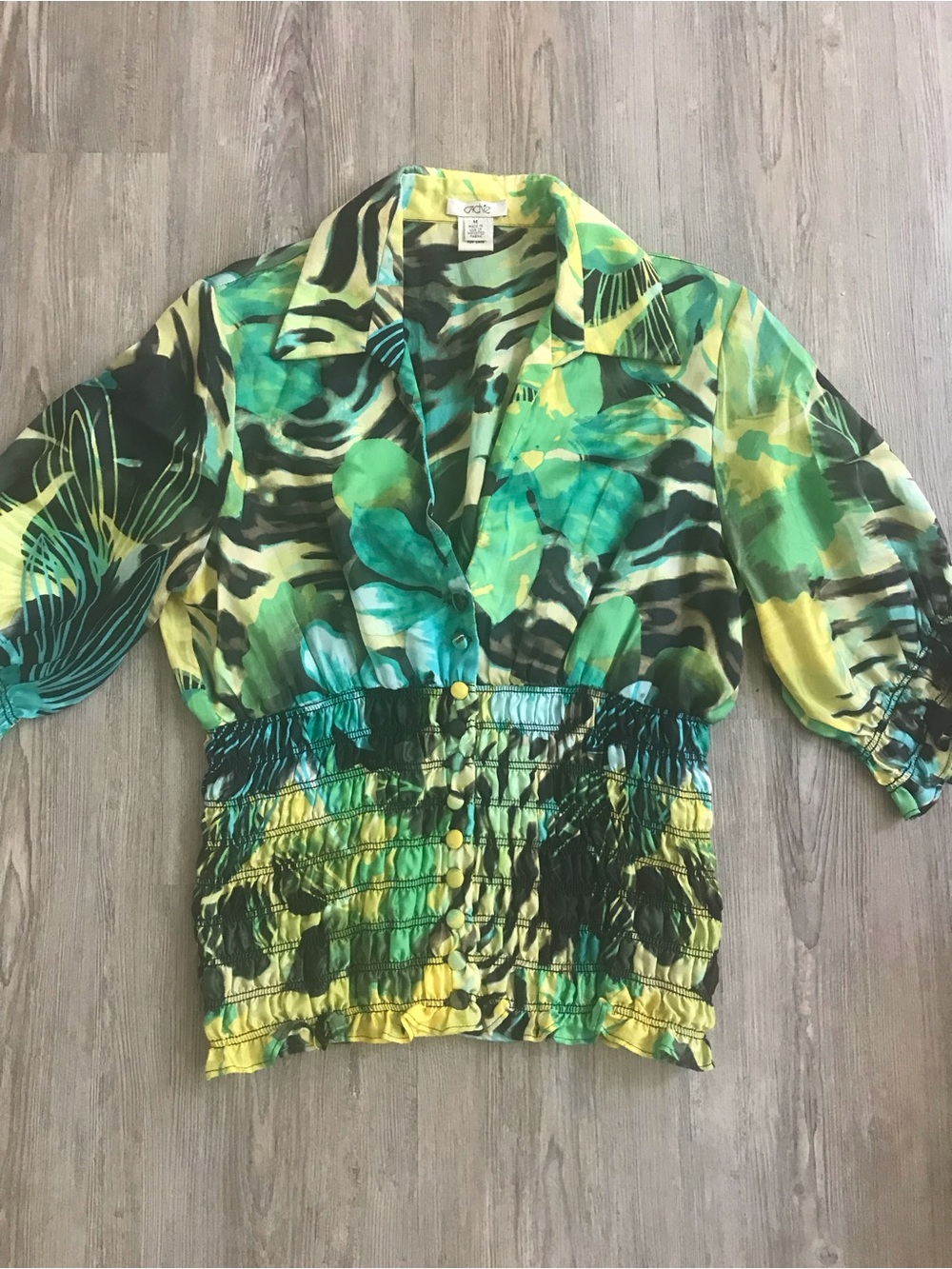 Cache Green and Yellow Tropical-Print Smocked Button-Front Top